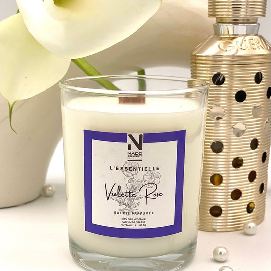 Bougie parfumée Violette et Rose, cire végétale et verre transparent avec couvercle en bois naturel