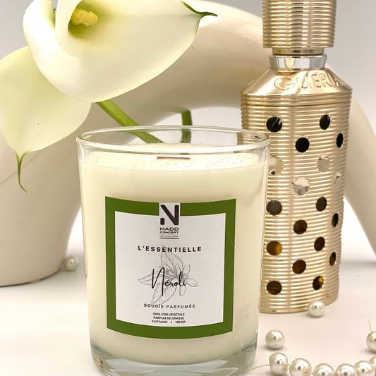 Bougie parfumée Néroli, cire végétale et verre transparent avec couvercle en bois naturel