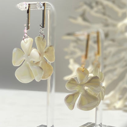 Boucles d'oreilles Balaia blanche et jaune pâle translucide vue de face
