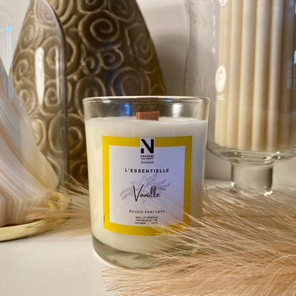 Bougie parfumée Vanille, cire végétale et verre transparent avec couvercle en bois naturel
