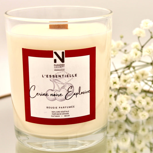 Bougie parfumée à la Cerise noire explosive, cire végétale et verre transparent avec couvercle en bois naturel