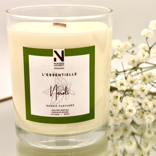 Bougie parfumée Néroli, cire végétale et verre transparent avec couvercle en bois naturel