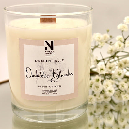Bougie parfumée Orchidée Blanche, cire végétale et verre transparent avec couvercle en bois naturel
