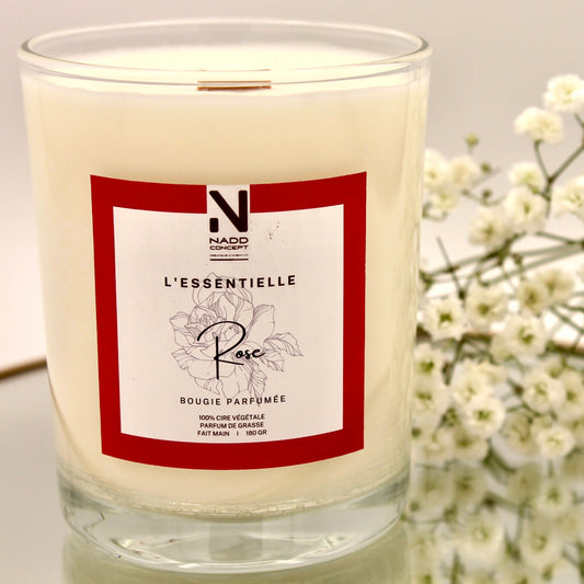 Bougie parfumée Rose, cire végétale et verre transparent avec couvercle en bois naturel