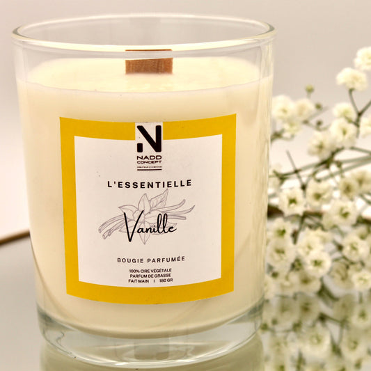 Bougie parfumée Vanille, cire végétale et verre transparent avec couvercle en bois naturel