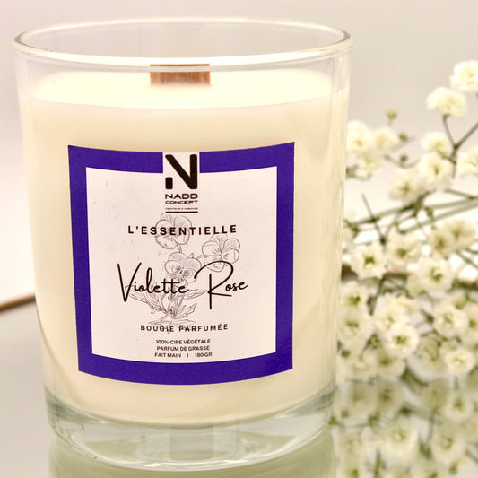 Bougie parfumée Violette et Rose, cire végétale et verre transparent avec couvercle en bois naturel